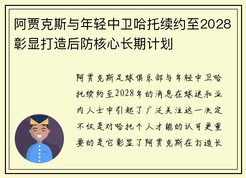 阿贾克斯与年轻中卫哈托续约至2028彰显打造后防核心长期计划
