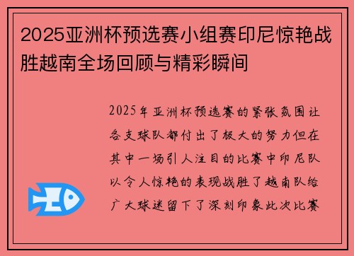 2025亚洲杯预选赛小组赛印尼惊艳战胜越南全场回顾与精彩瞬间