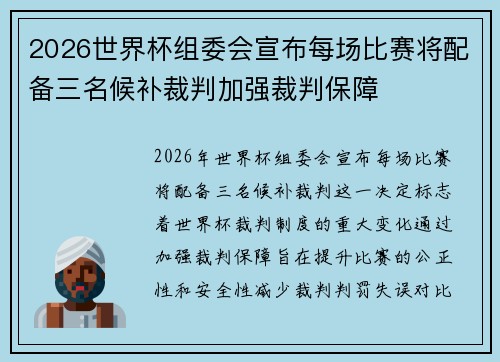 2026世界杯组委会宣布每场比赛将配备三名候补裁判加强裁判保障